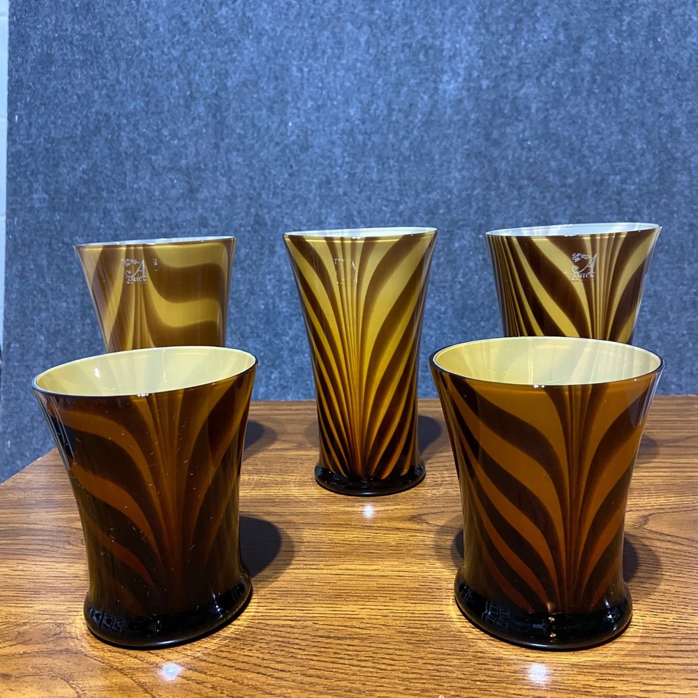 Amici Tortoiseshell Art Glass Tumblers Amber Brown Swirl Set of 5 Highball Rocks